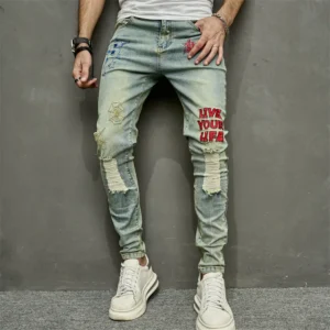 New Men Vintage Stylish Embroidery Ripped Hip hop Slim Pencil Jeans Male Stretch Holes Casual Denim Trousers